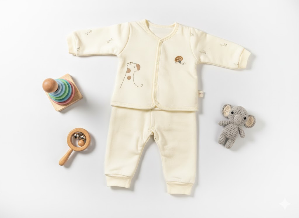 Baby outfit with long-sleeve top and pants on a white background with toys around