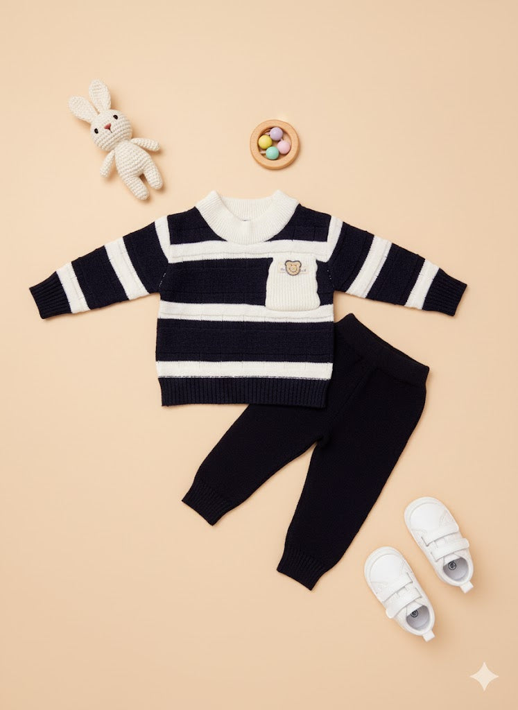 Children's black and white striped sweater and pants set with shoes and toys on a beige background